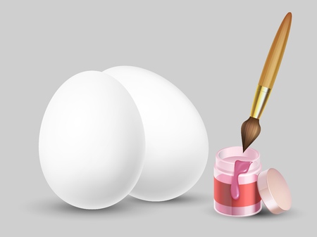 Easter vector background with realistic white eggs, brush and paint. Illustration of easter egg, paint brush for paintingのイラスト素材