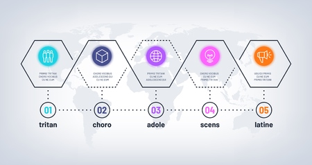 Journey timeline. Process chart with 5 steps. Business options flowchart with numbers. Growth schedule workflow vector diagram. Illustration of presentation plan, graph and flowchartのイラスト素材