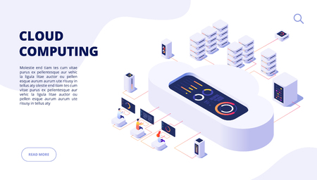 Cloud computing. Online backup secure computer internet hosting access apps networking 3d landing vector page. Isometric data cloud server, access to storage illustrationのイラスト素材