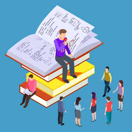 Self education, training and teaching vector isometric concept. Illustration of education and coaching, lesson learning, self-education and teachingのイラスト素材