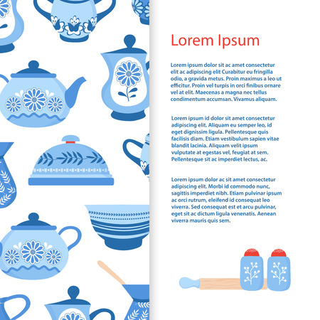 Vector banner with blue ceramic crokery template. Illustration of porcelain blue pottery, gzhel kitchenwareのイラスト素材