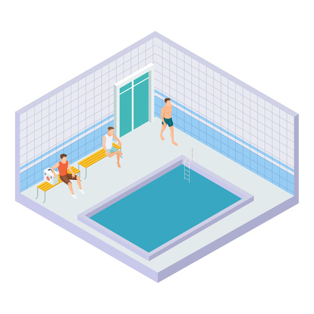 Vector men in water pool isometric concept. Illustration of isometric swim pool, sport healthy indoorのイラスト素材