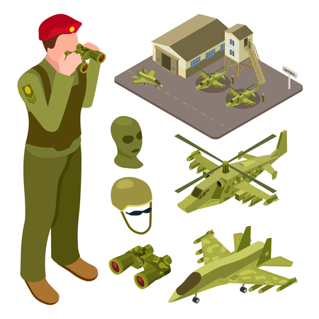 Military air force base isometric with helicopter, fighter aircraft, soldiers vector illustration. Isometric airplane military and air defenseのイラスト素材