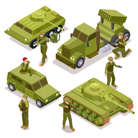 Tank, soldiers and military cars. Flat 3d vector isometric illustration. Military vehicle truck isometric, car transport and tankのイラスト素材