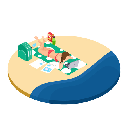 Freelance work on the beach isometric concept - girl with laptop, drinks and documents works in travel. Woman freelancer on beach with laptop illustrationのイラスト素材