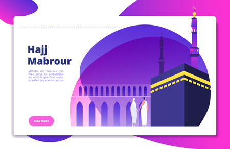 Hajj concept. Umrah hajj pray saudi people praying mabrour muslims travel makkah haram modern flat vector website design. Illustration of mecca for pilgrimage, haj muslimのイラスト素材