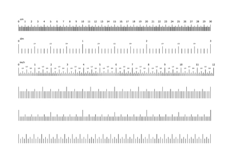 Ruler scale. Inch and cm measuring scales. Horizontal calibration precision size units for rulers and indicators. Vector set of scale ruler, measurement millimeter and centimeter illustrationのイラスト素材