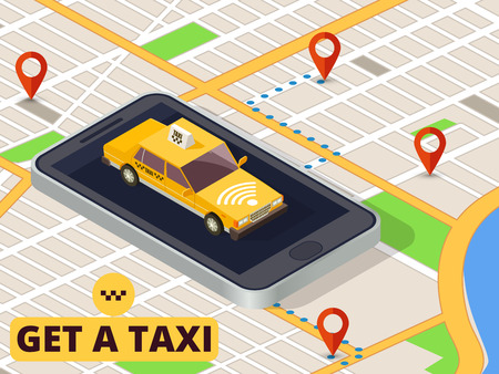Isometric mobile taxi. Online taxi service and payment with smartphone app on city map vector. Taxi car app, city service transport illustrationのイラスト素材