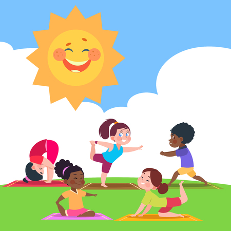Cute kids doing yoga in the morning in nature vector illustration. Child kid yoga, sport cartoon morningのイラスト素材