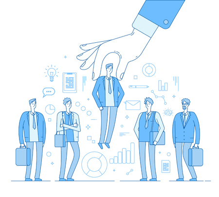 Choice employer. Hand choosing man from selected people group. Human recruitment hunting, selecting choicing candidate vector concept. Illustration of recruitment worker, resource humanのイラスト素材