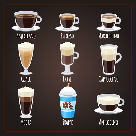 Coffee types flat vector collection americano and latte. Illustration of espresso and latte, americano and mochaのイラスト素材