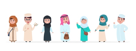 Muslim kids. Islamic children cartoon characters. School boy and girl in saudi traditional clothes vector set. Arab child, muslim and saudi kids, children arabian boy and girl illustrationのイラスト素材