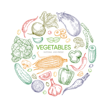 Fresh vegetables round banner vector design isolated. Illustration of vegetarian healthy, pepper and carrotのイラスト素材