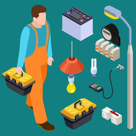 Master electrician and tools isometric vector set. Illustration of electric engineer, electrician master and equipmentsのイラスト素材