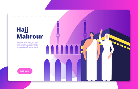 Hajj concept. Umrah hajj pray saudi people prayers mabrour muslims travel makkah al haram modern flat vector mecca kaaba background. Pilgrimage near mosque, muslim mecca illustrationのイラスト素材
