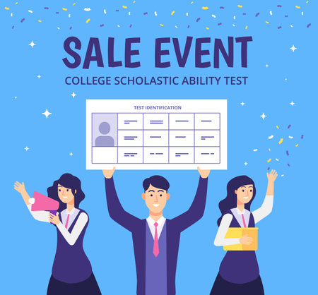 Examinees discount event. Students academic skills college test gift for best students high education entering vector concept. Illustration of discount event, marketing invitationのイラスト素材