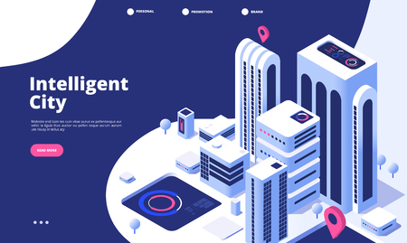 Smart city concept. Urban digital innovation office future city virtual town road smart skyscraper 3d isometric landing vector page. Illustration of smart city isometry web bannerのイラスト素材