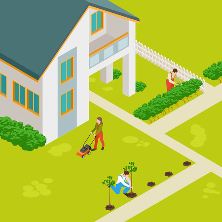 Isometric rural house and gardeners vector concept. Rural house building, countryside outdoor illustrationのイラスト素材