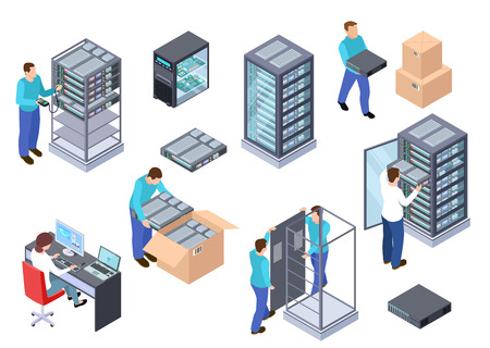 Server room isometric. Information technology server engineer, telecommunication cloud servers, computers and employees vector 3d set. Illustration of room server center, hardware cloud databaseのイラスト素材