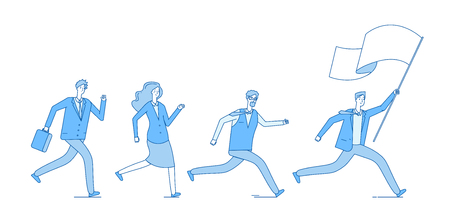 People running with flag. Business persons following leader leading office team. Leadership entrepreneurship vector concept. Illustration of teamwork people running with flagのイラスト素材