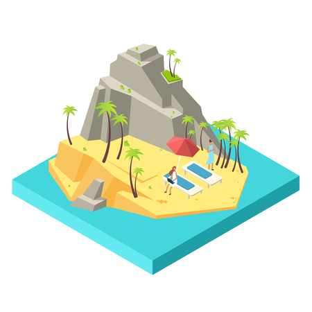Girls relax and work on the island beach - downshifting and freelance isometric vector concept. Illustration of girl on beach island in seaのイラスト素材