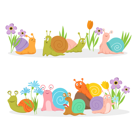 Group of cartoon character snails with flowers. Vector creature cochlea in grass and bright flowers illustrationのイラスト素材