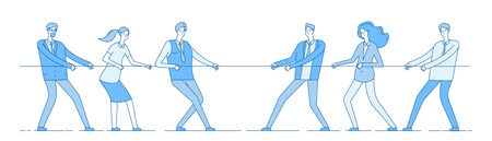 Rope pulling. Team business competition, people rival pulling rope. Competition, conflict rivalry in office. Tug of war vector concept. Competition tug rope, team pull effort illustrationのイラスト素材