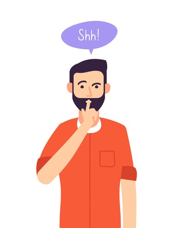 Shh man. Business secret, serious male with silence hand gesture at closed mouth. Silence please keep quiet vector concept. Gesture silence person, man silent and mute illustrationのイラスト素材