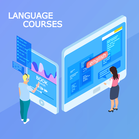 Online language courses isometric 3d vector concept. Education people, studying language distance illustrationのイラスト素材