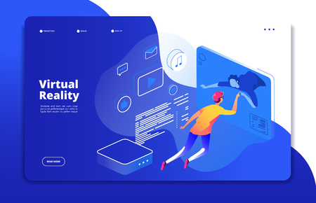 Virtual reality landing. People digital mobile entertainment augmented reality man headset virtual web interactive vector concept. Illustration of virtual reality cyberspace, entertainment video gameのイラスト素材