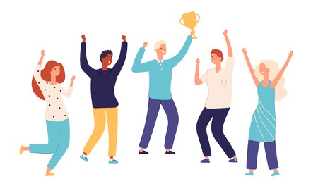 Winner team. Leader champion with gold trophy cup and happy excited employees celebrate win....