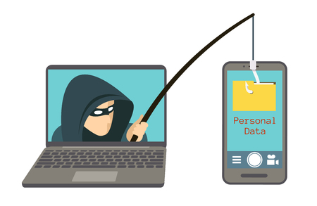 Phishing scam, hacker attack on smartphone vector illustration. Attack hacker to data, phishing and hacking crimeのイラスト素材
