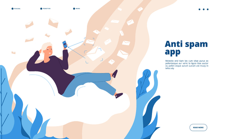 Anti spam app. Electronic inbox verification spam filtering piracy virus protection spammer mail safety software vector landing page. App protect security information, online anti spam illustrationのイラスト素材