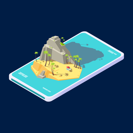 Isometric mobile concept of summer beach island app vacation. Island resort, smartphone application isometric booking illustrationのイラスト素材