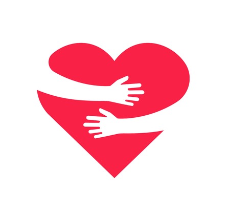 Hugging heart. Hands holding heart arm embrace love yourself child hope cardiology gift romance relationship vector isolated concept. Illustration of hugging and embrace red heartのイラスト素材