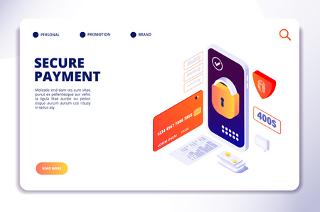 Secure payment isometric concept. Mobile online security cash payments, smartphone banking protection app. Landing vector page. Smartphone payment, cash app isometric illustrationのイラスト素材