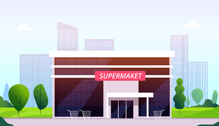 Supermarket street. Hypermarket building front business center shop construction urban store retail supermarket exterior vector image. Big hypermarket building, facade of market shop illustrationのイラスト素材