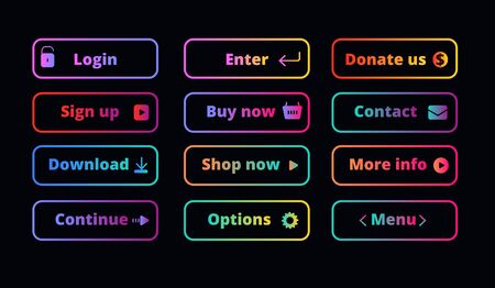 Gradient action buttons. Neon glow frame button on dark for shopping app and banners with continue, buying options icons vector set. Illustration of neon glow banner, more info, shop nowのイラスト素材