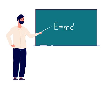 Teacher professor at blackboard. man teaching physics in classroom college. online education and back to school vector concept. School teacher, professor near blackboard in classroom illustrationのイラスト素材