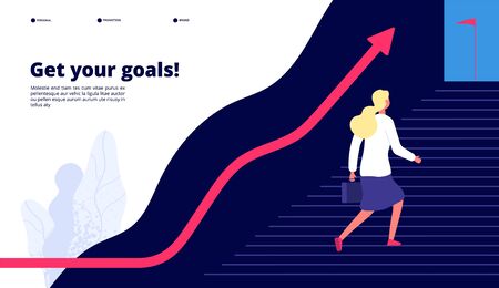 Personal growth. Woman walking steps to success, boost your work to target. Professional career business vector concept. Illustration of climbing to opportunity, personal success in careerのイラスト素材