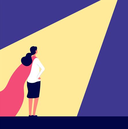 Superwoman. Woman in red cape in spotlight, candidate choosing and talent people selecting. Career growth, recruiting vector concept. Illustration of business spotlight, opportunity for super womanのイラスト素材