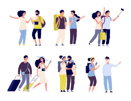 Tourist characters. Young couple family, tourists travelling with backpacks and bags, suitcases. Summer vacation people isolated vector. Illustration of summer tourist character, woman and manのイラスト素材