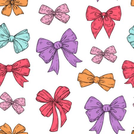 Bows pattern. Fashion tie bows accessories sketch doodles tied ribbons. Holiday seamless vector wallpaper texture. Illustration of ribbon accessory bow, repeat wallpaperのイラスト素材