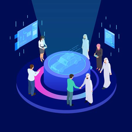 Innovative technologies in mechanical engineering. Autos development international business isometric vector concept. Illustration of presentation blue hologram car, engineering industrialのイラスト素材