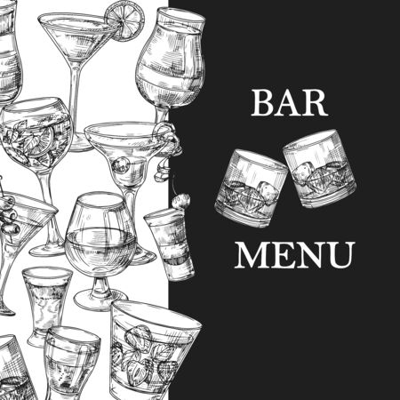 Bar menu vector template with hand drawn drinks and cocktails. Illustration of alcohol menu sketch, cocktail drink, tequila and beverageのイラスト素材