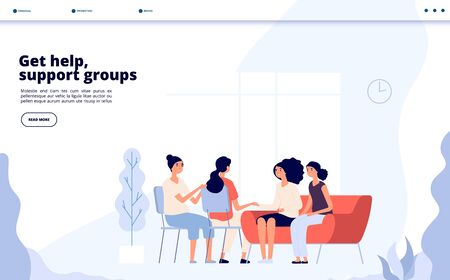 Woman therapy. Females consulting with psychologist, depressed women counseling psychiatrist in group. Psychoanalysis vector landing. Illustration of woman therapy, psychoanalysis and psychotherapyのイラスト素材