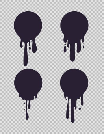 Dripping black circles. Inked round liquid shapes with paint drips, milk chocolate logo isolated on white background vector set. Illustration of melted paint stain, drop blobのイラスト素材