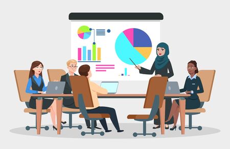 Business meeting vector. Arab businesswoman at project strategy infographic. Team seminar, presentation conference concept. Illustration of business meeting, show infographic officeのイラスト素材