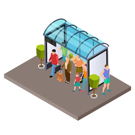 People are waiting for the bus at the bus stop isometric vector illustration. Bus isometric stop with benchのイラスト素材