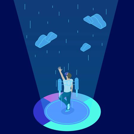 Isometric vector virtual reality man flying concept. Illustration of virtual reality innovation, augmented device for cyberspaceのイラスト素材
